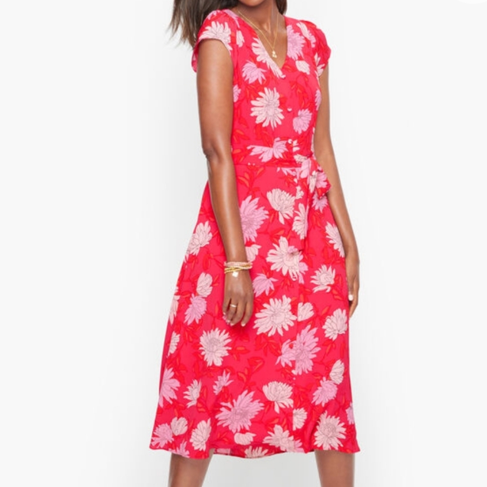 NWOT Talbots Floral Pinkish Red Dress Front Button with Tie Size 4P - petitie